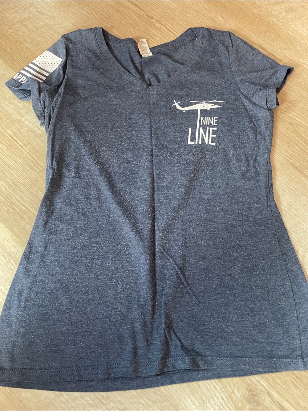 Women's Navy Short Sleeve V-Neck Tee Nineline Apparel with flag on back